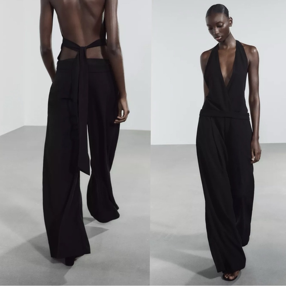 Zara long open back Jumpsuit Black NWT size XS